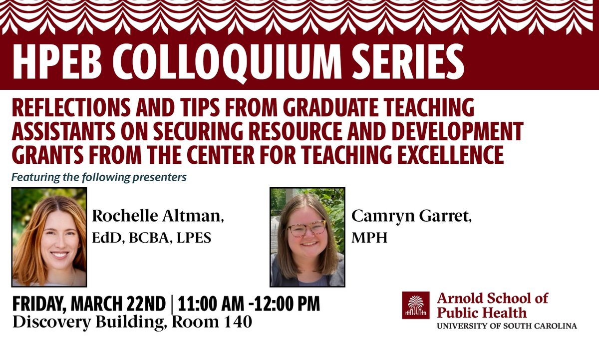 Graduate teaching assistants Rochelle Altman and Camryn Garret will share their tips and reflections during the next session of the HPEB Colloquium Series. See you there on March 22 at 11:00am. ow.ly/BE9n50QQb6g