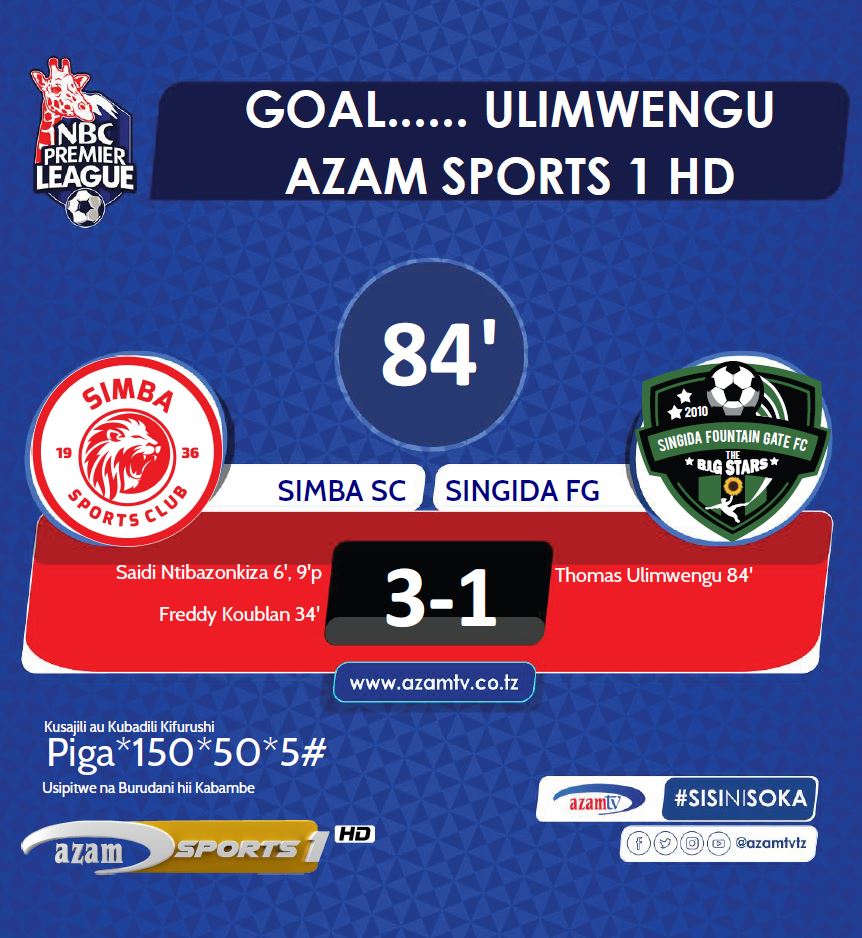 azamtvtz's tweet photo. #NBCPL Gooooooal…..!!! No ‘clean sheet’ kwa Ayoub Lakred.

85’:  Simba 3-1 Singida FG.

LIVE #AzamSports1HD

#NBCPremierLeague #LigiKuuYaNBC #NBCPL #NBCPLUpdates #SokaLetuBambam #SokaLetuDamdam #SimbaSC #SingidaFountainGate #SimbaSingidaFG #AzamComplex https://t.co/DtUKDuGSSN