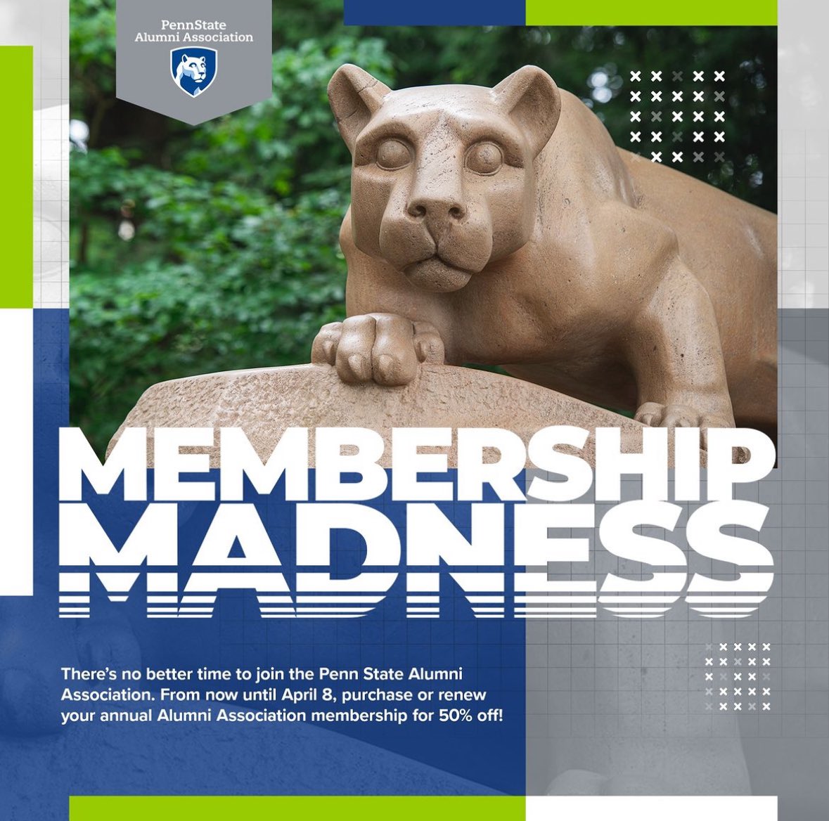 SDPSU's tweet image. The Penn State Alumni Association is kicking off its 2024 Membership Madness sale, and you don’t want to miss these great offers! Join or renew your annual membership to the Alumni Association for 50% off the regular price between now-April 8. Learn more via the link in bio!
