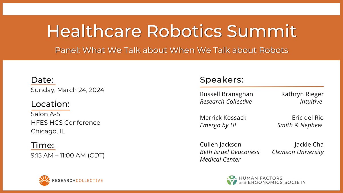 We invite you to join Russ Branaghan as he moderates a discussion with panelists from academia, teaching hospitals, industry and consulting to discuss the benefits and potential human factors engineering challenges that accompany healthcare robotics. hfes.org/Events/Health-…