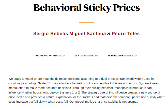 A model in which households make decisions according to a dual-process framework explains why prices rise quickly when costs increase (rockets) but fall slowly when costs fall(feathers), from @sergiorebelo6, Santana, and Teles nber.org/papers/w32214
