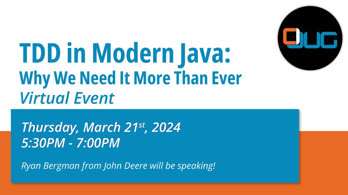 cijug's tweet photo. TDD is BACK! CIJUG presents Ryan Bergman from John Deere covering the progression of TDD & how to avoid pitfalls and tests that make changing production code painful. This is a virtual meetup, Th 3/21, 5:30pm. https://t.co/VHWBAYKZjG
#CIJUG #TDD #BDD #Java #meetup #Local https://t.co/p5cymzMPIF