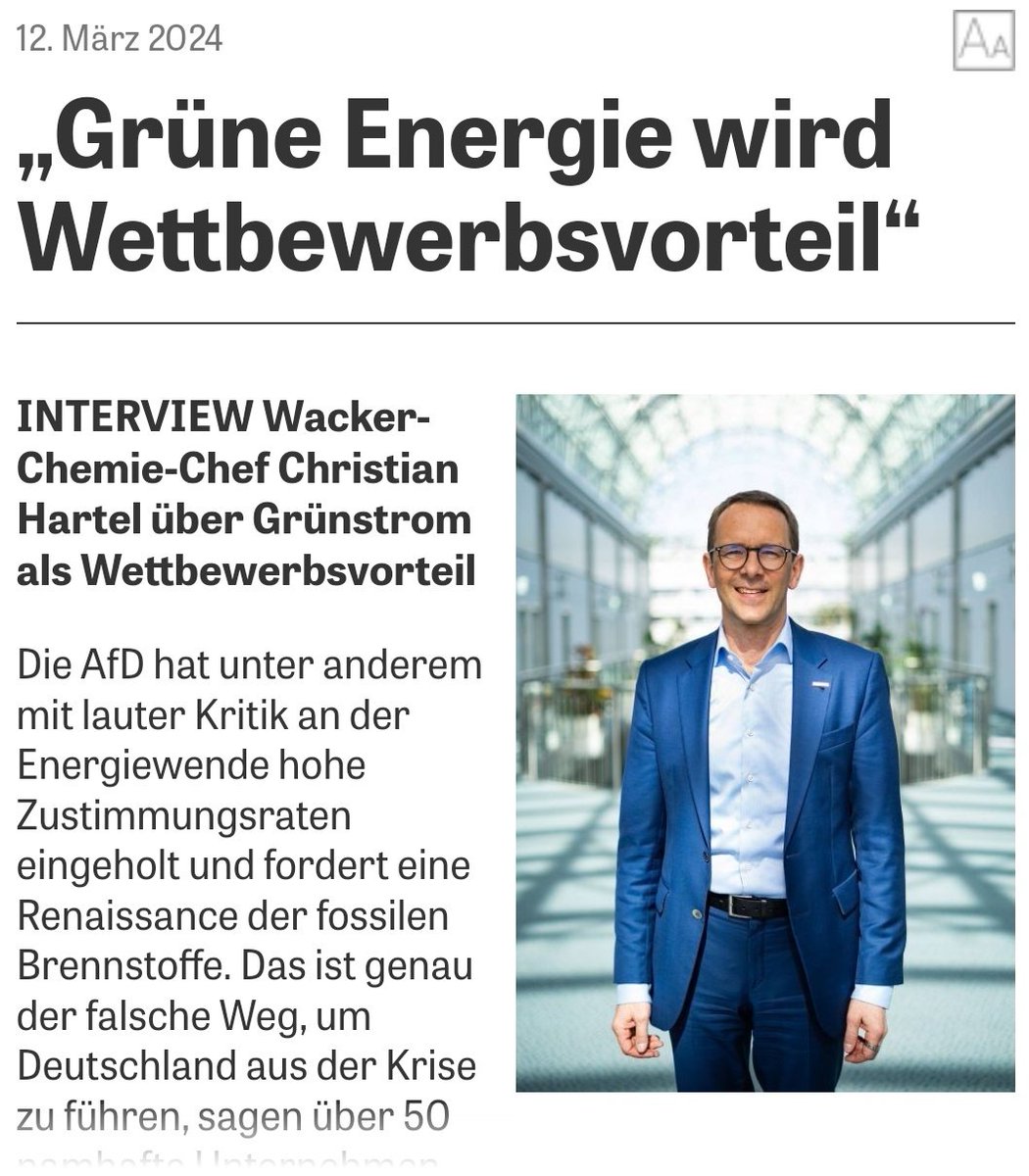 Sehr gutes Interview im @heimatzeitungen mit dem #wackerchemie Chef über flexible Stromnutzung und Strompreise.
#Erneuerbareenergien braucht es in Bayern!