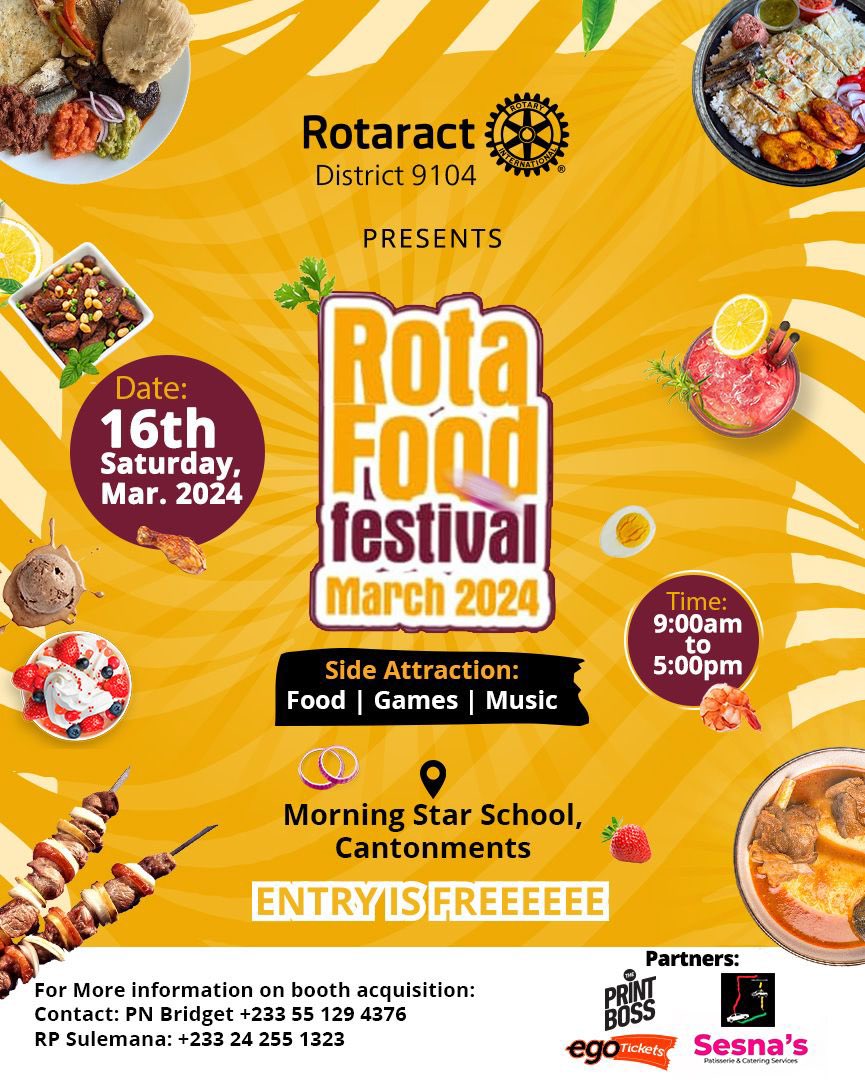 FOR THE FOOD ENTHUSIAST ,FOODPRENEURS, FOODIES AND JUST GHANAIAN CULTURE LOVERS

Join the #Rotafoodfest to tantalize your taste buds and make your mark at the maiden Rotaract Ghana Rotafood Festival!

Register to participate for freeeeee via :
egotickets.com/events/rota-fo…