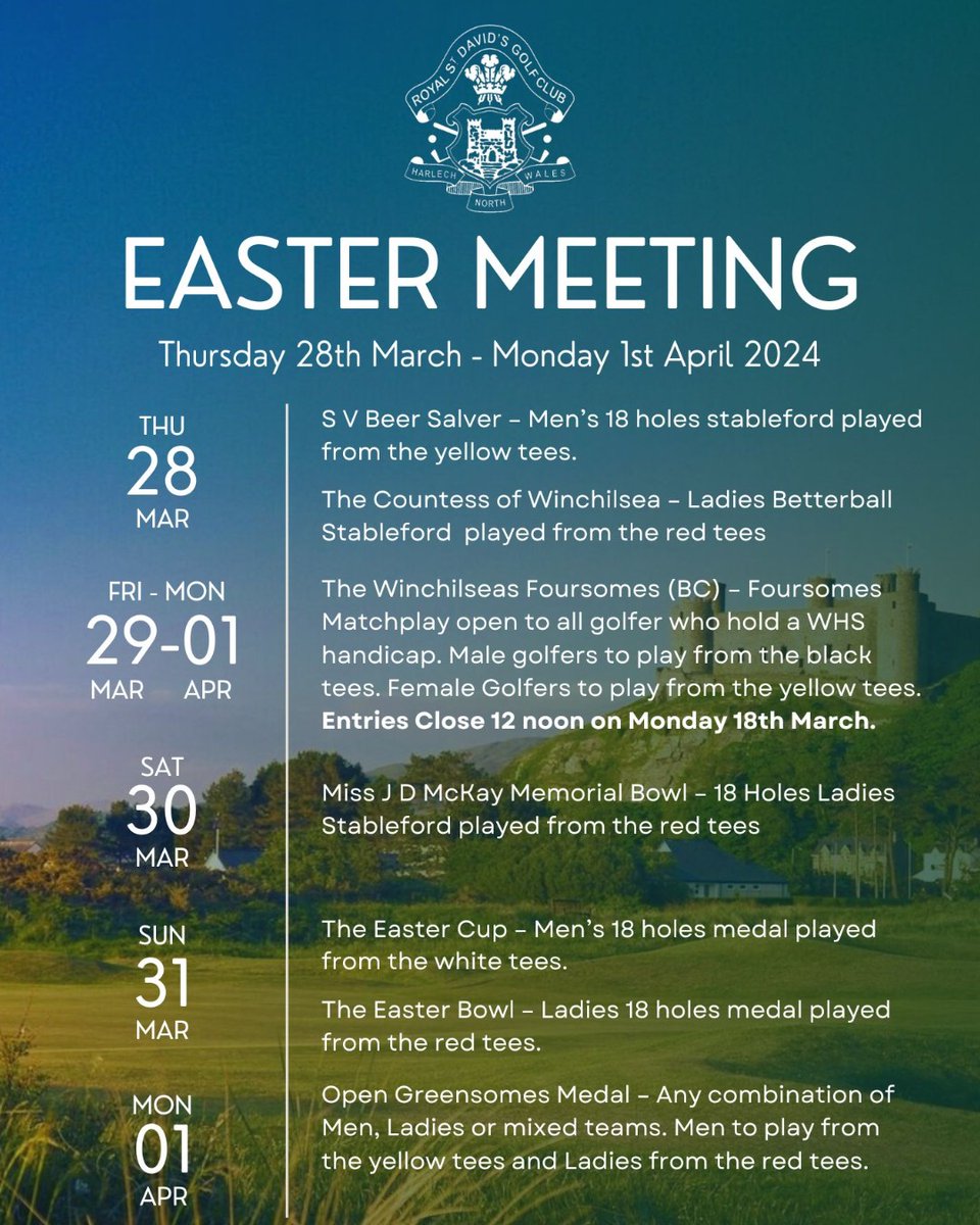 Looking to book unforgettable golf this upcoming Easter Weekend? Why not join us at Royal St David's for our Easter Meeting? royalstdavids.intelligentgolf.co.uk/competition2.p…