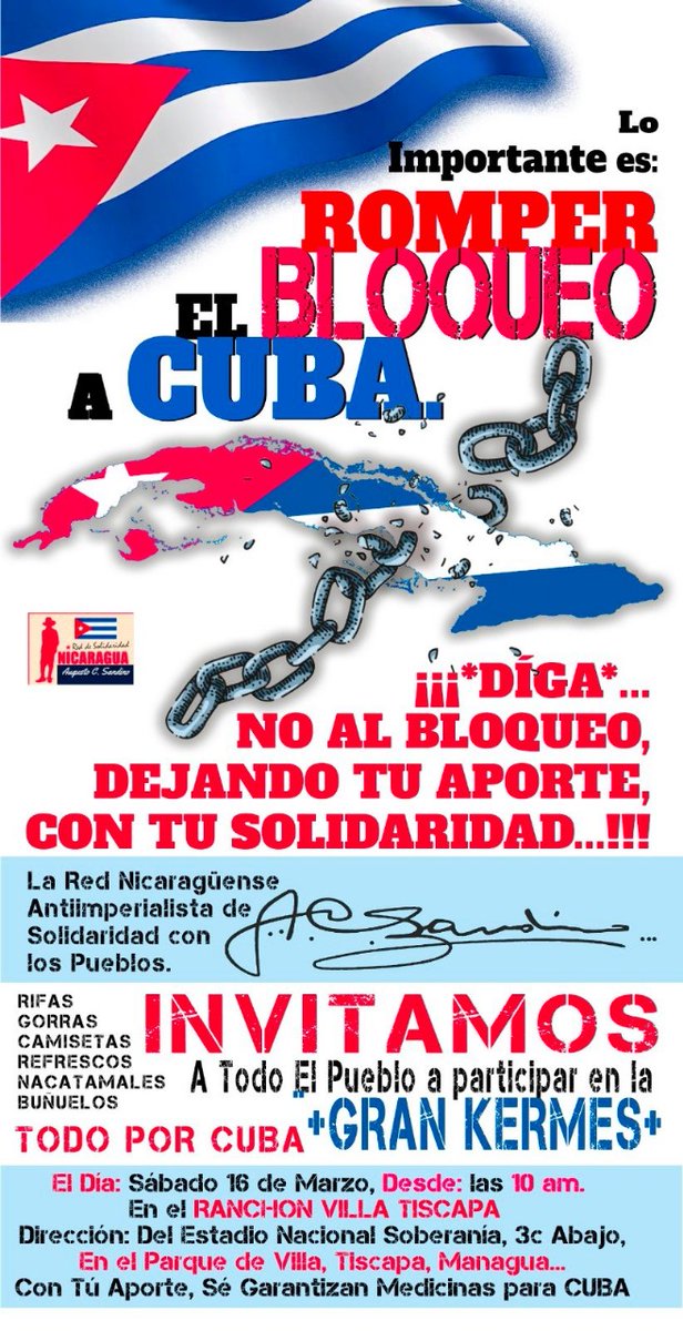 Todos por Cuba a participar en esta jornada solidaria

Vení a disfrutar de la gastronomía 🇳🇮 y 🇨🇺...

En #Nicaragua somos  #GenteQueSuma 
#PLOMO19 
<a href="/DeZurdaTeam_/">DeZurdaTeam 📳</a>