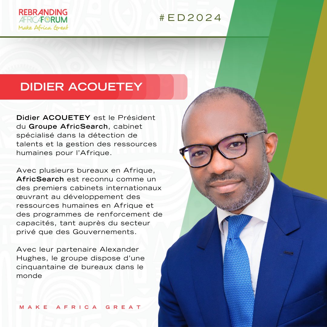 🇫🇷 @DidierAcouetey est le Président et fondateur du Groupe AfricSearch. Préparez vous à être inspiré(e)s par son parcours exceptionnel au service de la diaspora et de l’Afrique. Inscrivez-vous ici 
🔗🔎bit.ly/EmpoweringDias…
#RAF #Diaspora #MakeAfricaGreat #EmpoweringDiaspora