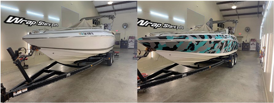 A new wrap makes any boat look super fresh on the water! This before & after pic shows how wrapping your boat really makes it pop! #wrapstarsatl #TheOriginal #TheBestInTheCity #TheBestInTheBusiness #Atlanta #woodstock #Roswell #Buckhead #Alpharetta #Cumming #Marietta #Kennesaw