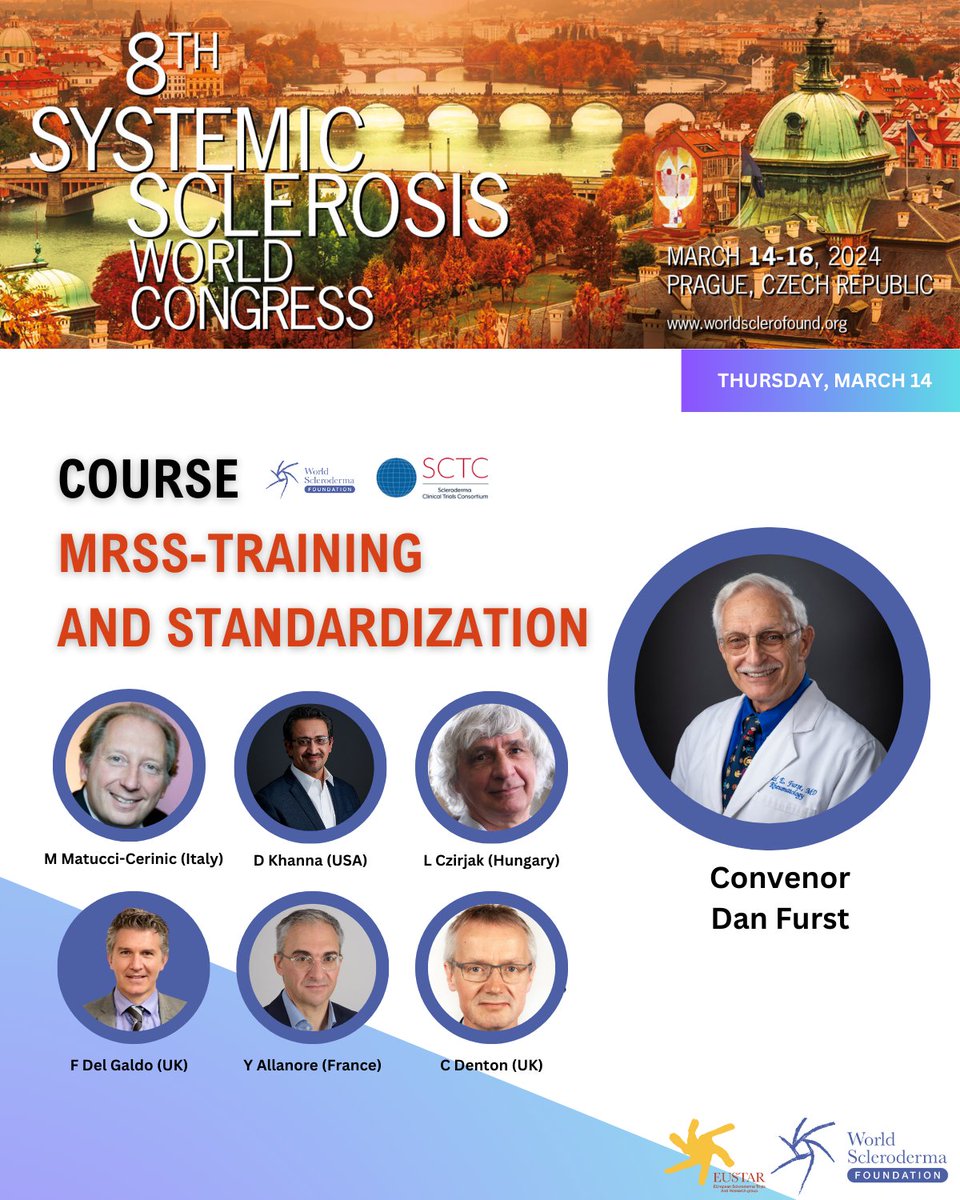 🌍 In parallel we are running a specialised training session in collaboration with the Scleroderma Clinial Trials Consortium 'MRSS-Training and standardisation course'. Led by Dan Furst with experts @MatucciMarco @sclerodermaUM @delgaldoFrances @allanore C. Denton #Prague2024