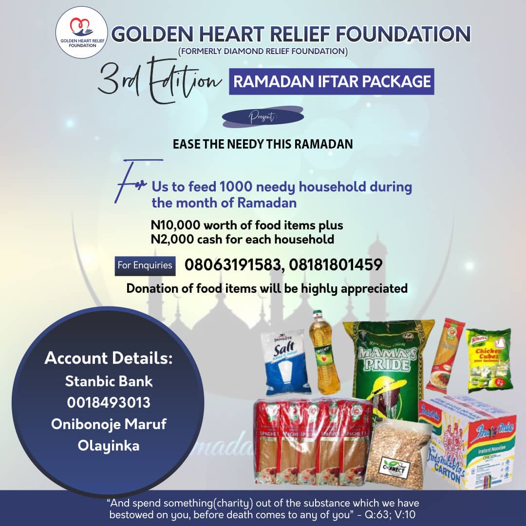 Assalamu alaikum warahmatullah,

As you break your fast today, may Allah accept it from you as an act of ibadat, AMEEN. Barka da shan ruwa.❤️🌙

#SupportThePoor

Happy Iftar 

Golden Heart Relief Foundation