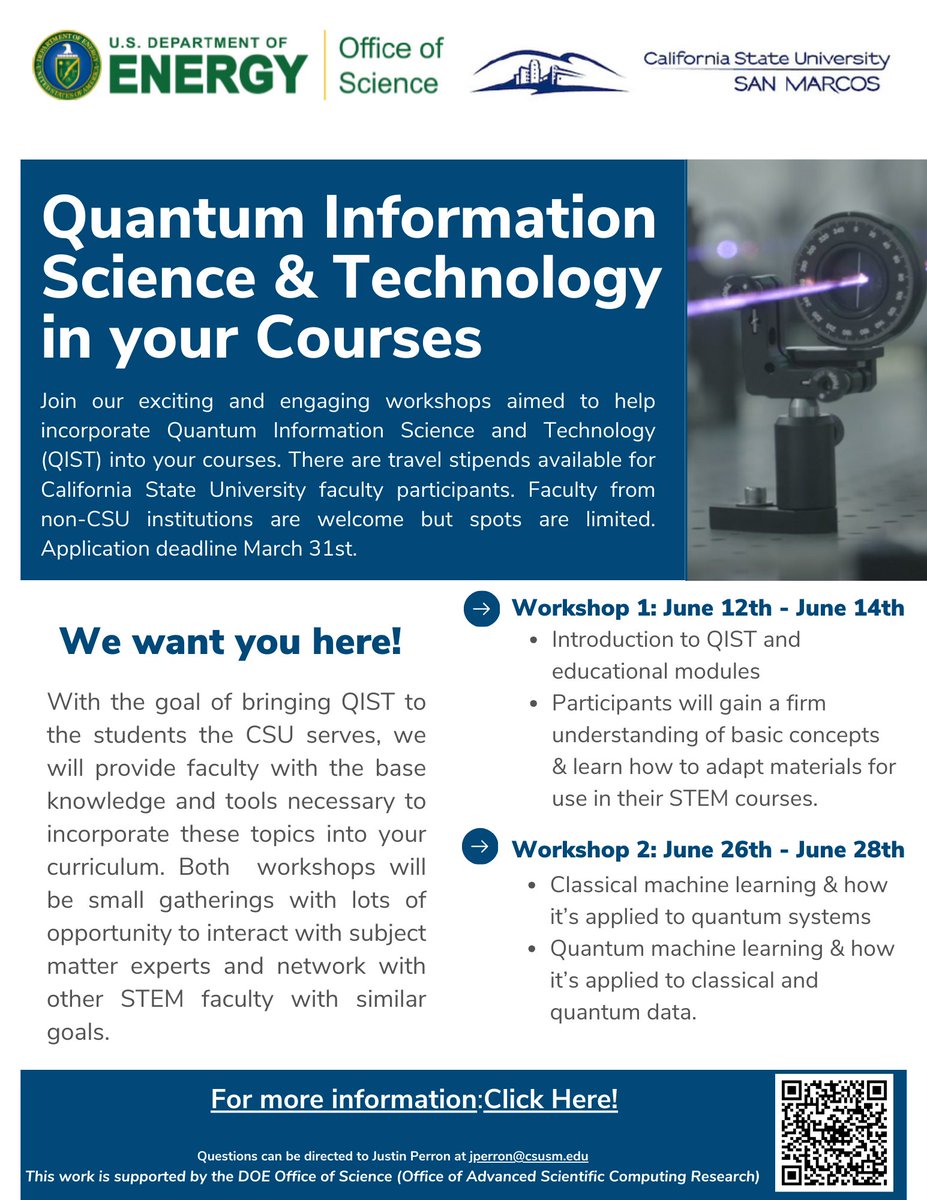 We are officially accepting applications for our faculty workshops this summer to help faculty bring QIST into their curriculum. WS1 covers intro QIST concepts and some educational modules, WS2 this year will cover quantum machine learning.