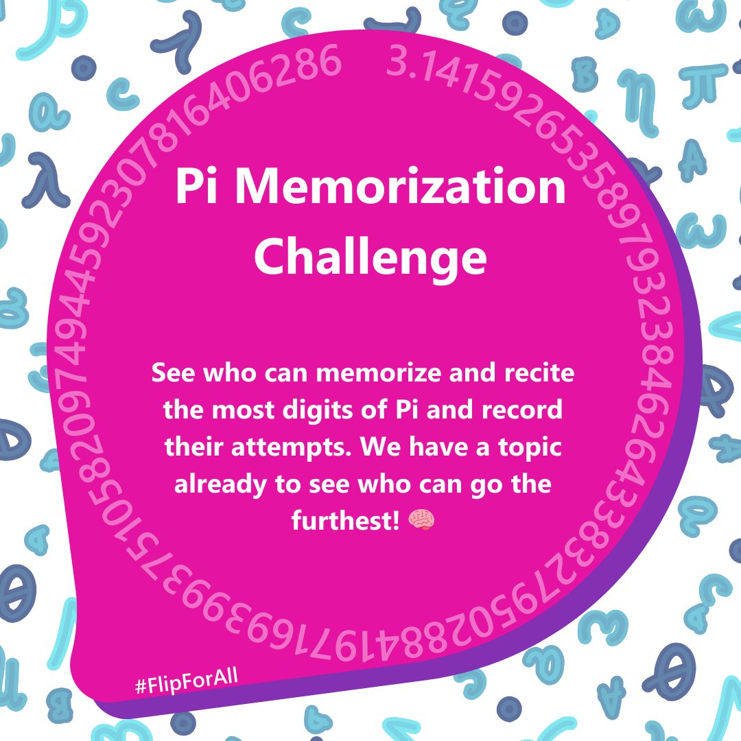 Celebrate #PiDay in Flip style! 💖 π

We'll be sharing ideas for 3.14159 days 😉 leading up to this math-magical day! 🎉 

🔍 Pi Scavenger Hunt
🎨 Pi in Art
🧠 Pi Memorization Challenge: flip.com/thinkitflipit 

π topics: admin.flip.com/manage/discove… 

💖 #FlipForAll