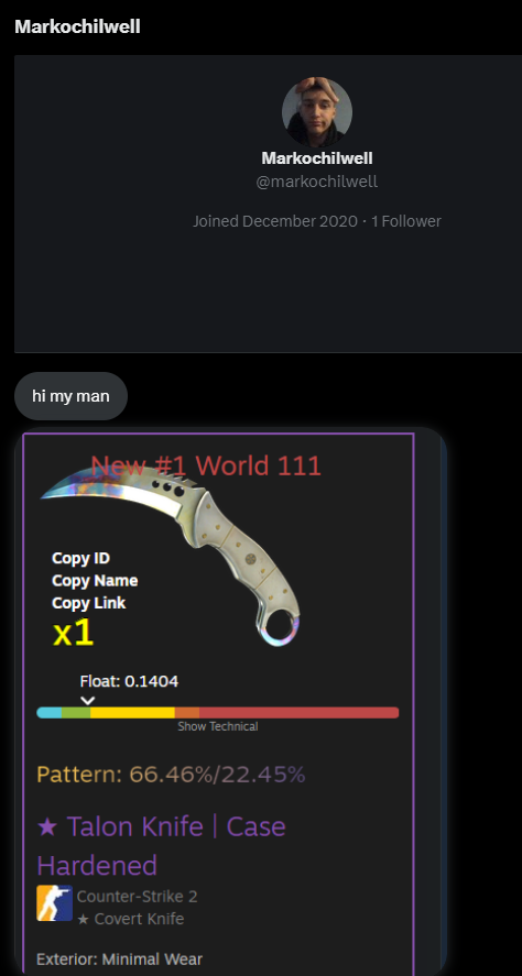Another day, another scammer. This guy is selling scammed talon blue gem. Let's get him banned before he cash it out. He told me and other traders completely different things on how he acquired the knife. Perma link in the replies.

RETWEET PLEASE!!!