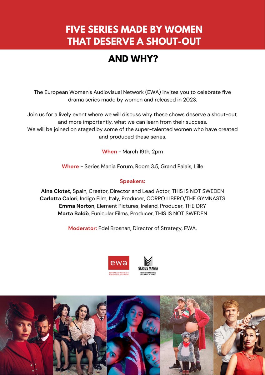 EWA is going to @SeriesManiaPro ! Join us on Tuesday March 19, 2p.m. at the Grand Palais, for a lively chat about 5 amazing series made by women that deserve a shout- out. With @NawellAmour, @edelbrosnan, @Emmahnorton, @carlotta_Calori, @ainaclotet and Marta Baldó Sellent