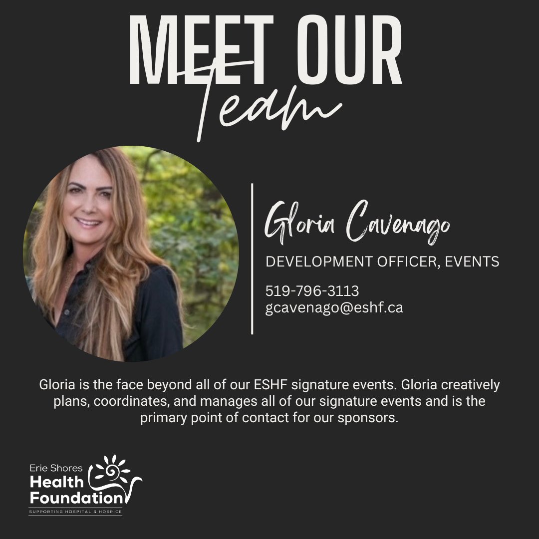 Get to know our ESHF team &amp; learn how you can connect with us! 

Meet Gloria, Development Officer of Events! Gloria heads all of our signature events including Run and Roll, our ESHF Signature Golf Tournament, ESHF Gala, and Year of a Thousand Parties!
 
<a href="/HospiceWindsor/">The Hospice of Windsor and Essex County</a> <a href="/ESHCare/">Erie Shores HealthCare</a>
