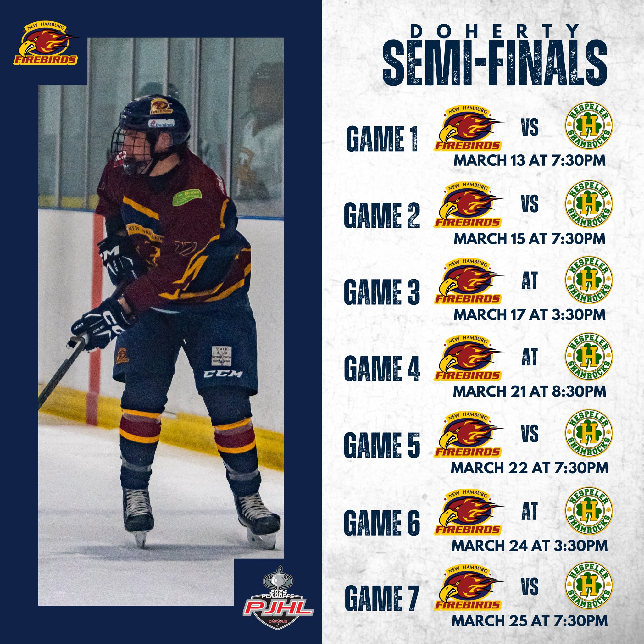 N.H. Firebirds on X SEMI FINAL SCHEDULE We. Are. Set. The schedule for the Doherty Division Semi Finals is set and your Firebirds are ready to rock. Game 1 will take place