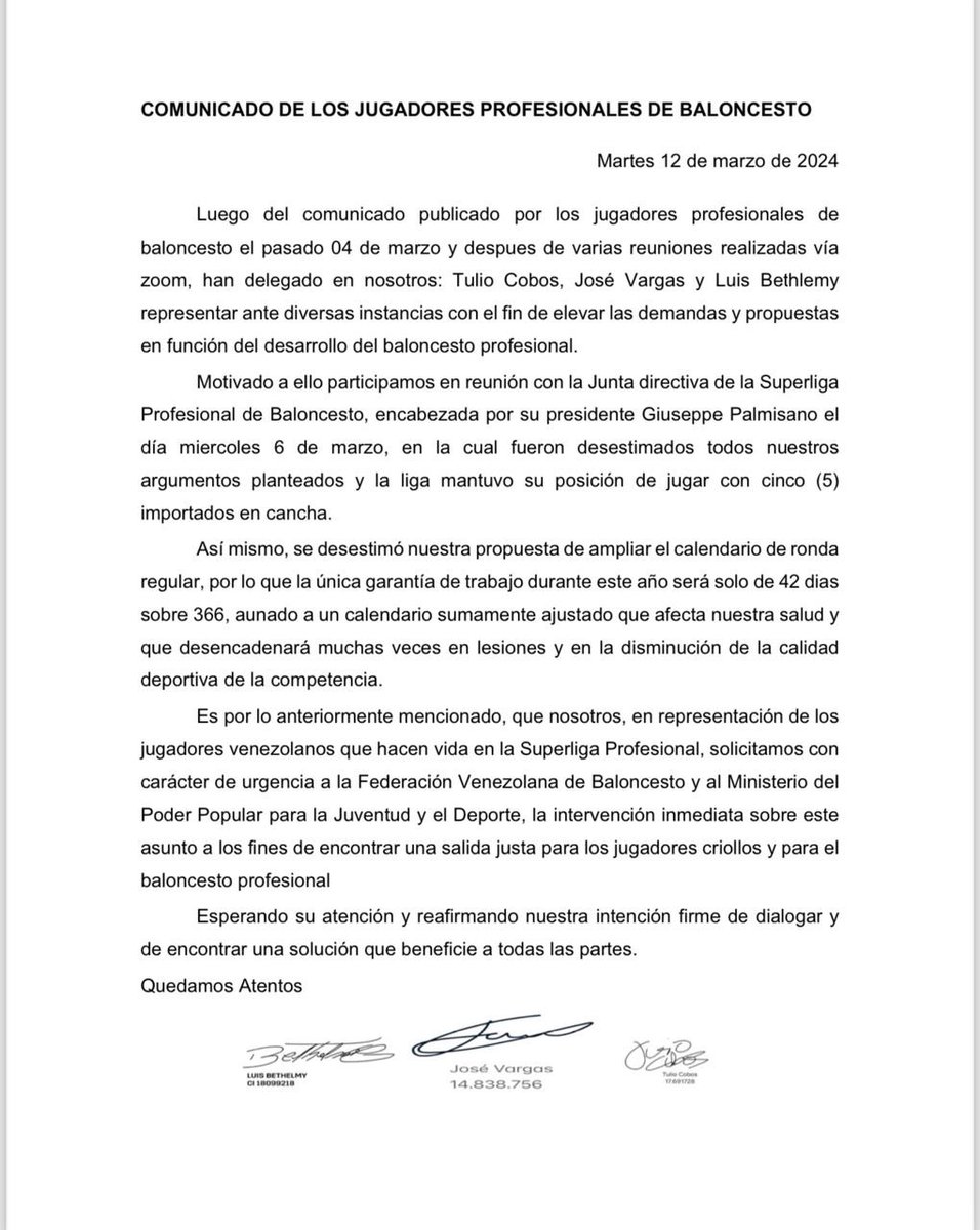 Comunicado de los jugadores a la Suoer liga Profesional de baloncesto <a href="/FVBbasketball/">FVB 🇻🇪🏀</a> <a href="/NicolasMaduro/">Nicolás Maduro</a> <a href="/MervinMaldonad0/">Mervin Maldonado</a>