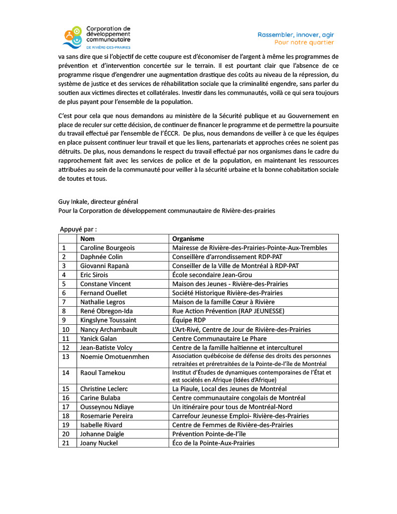 CDCRDP's tweet photo. Le communautaire exprime son désaccord concernant la fin du financement de l’Équipe de Concertation Communautaire et Rapprochement (ÉCCR du SPVM), annoncée par le ministère de la Sécurité publique, et demandent au Gouvernement en place le recul immédiat de cette décision. #RDP https://t.co/ppZLZZB6KV