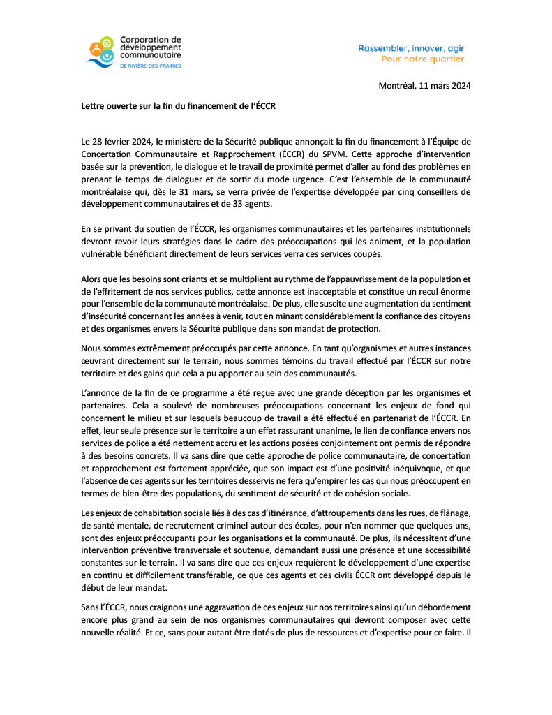 CDCRDP's tweet photo. Le communautaire exprime son désaccord concernant la fin du financement de l’Équipe de Concertation Communautaire et Rapprochement (ÉCCR du SPVM), annoncée par le ministère de la Sécurité publique, et demandent au Gouvernement en place le recul immédiat de cette décision. #RDP https://t.co/ppZLZZB6KV