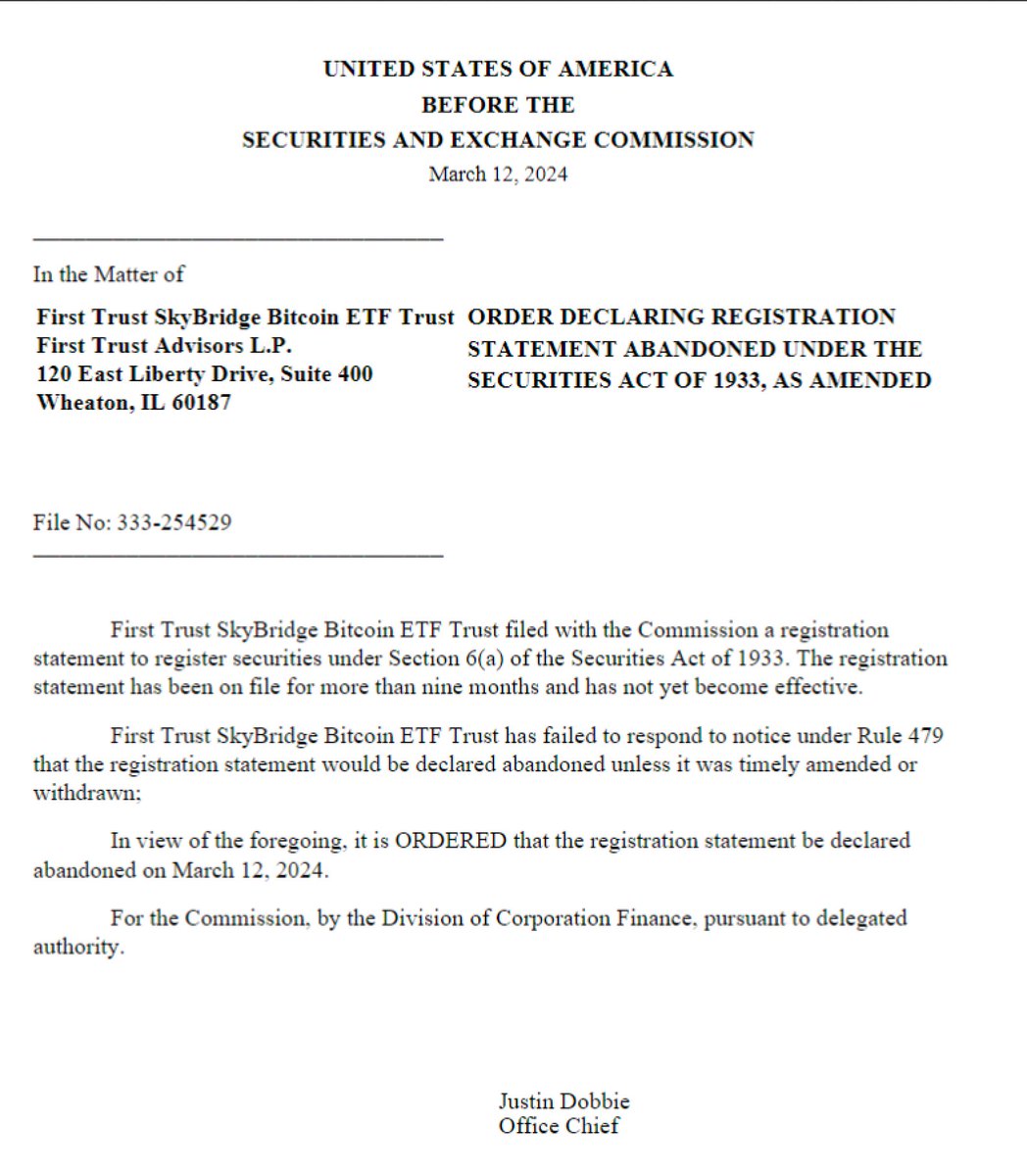 The SEC is ordering (in all caps) First Trust SkyBridge Bitcoin ETF to  declare their filing 