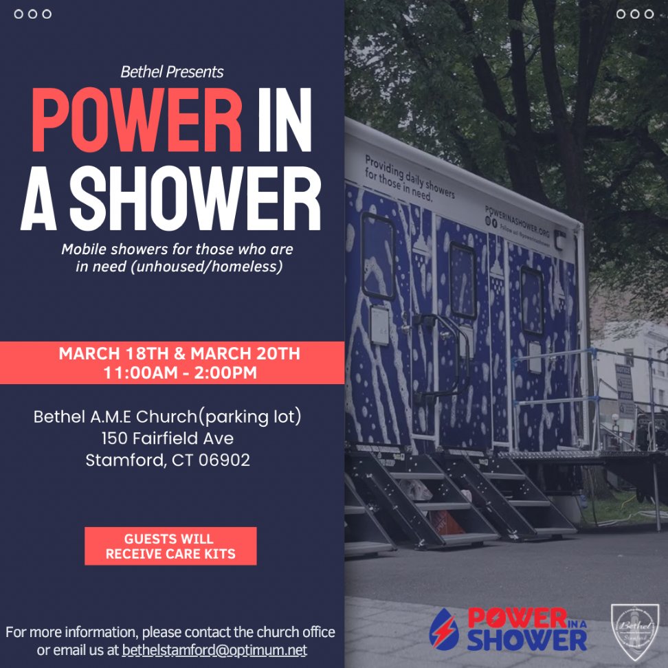 Liberation Programs (@liberationprog) on Twitter photo Bethel AME Church Stamford will be offering mobile showers for those who are unhoused or homeless in need of a shower Mon, 3/18, and Wed, 3/20, from 11am - 2pm at 150 Fairfield Avenue. Please spread the word! @mayorcarolinesimmons <a href="/CityofStamford/">City of Stamford</a> <a href="/StamAdvocate/">Stamford Advocate</a> <a href="/StamfordPolice/">Stamford Police</a> Bethel AME Church Stamford will be offering mobile showers for those who are unhoused or homeless in need of a shower Mon, 3/18, and Wed, 3/20, from 11am - 2pm at 150 Fairfield Avenue. Please spread the word! @mayorcarolinesimmons <a href="/CityofStamford/">City of Stamford</a> <a href="/StamAdvocate/">Stamford Advocate</a> <a href="/StamfordPolice/">Stamford Police</a>