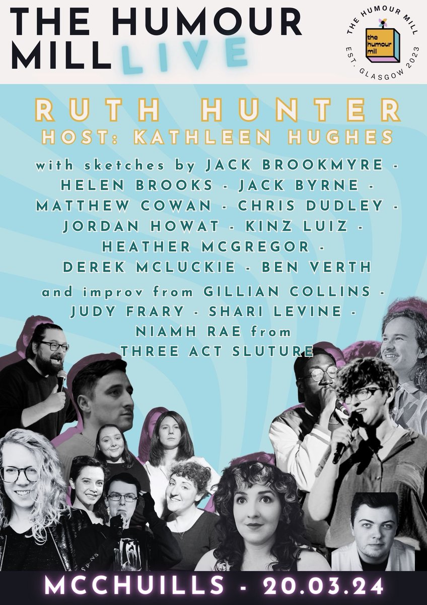 Take a look at the full line up for The Humour Mill LIVE! 🃏🎉

McChuills - 20/03/24 - 7pm 

Tickets still available - get em while you can! 👉glasgowcomedyfestival.com/events/the-hum…