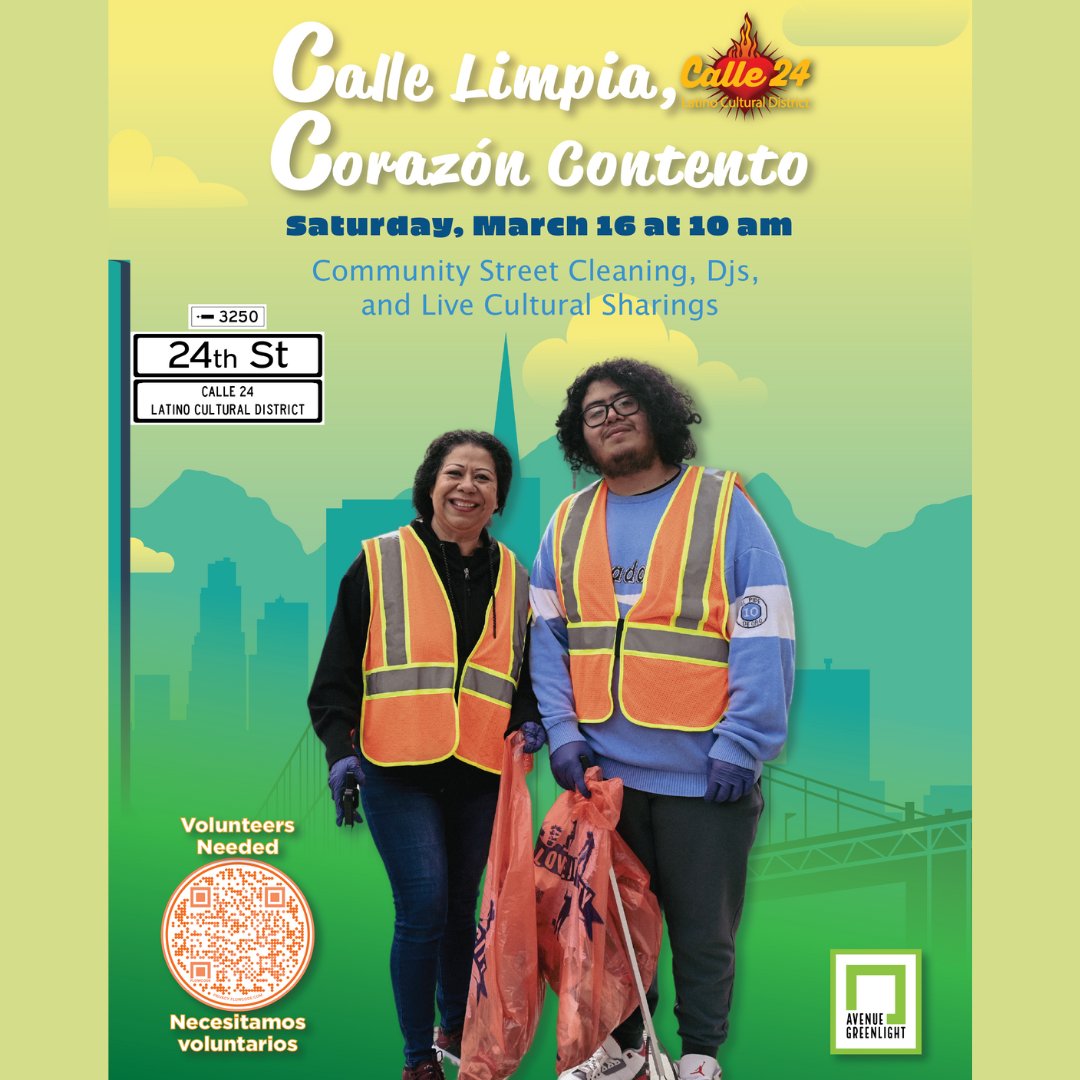 This Saturday! Help keep your area clean and celebrate with @calle24_sf! Volunteer, enjoy music, and live cultural celebrations! ⁠ ⁠ Necesitamos Voluntarios, Volunteers Needed! 💚⁠ Meet up spot is 24th and Capp Street Lot (La Placita) ⁠ ⁠ #calle24