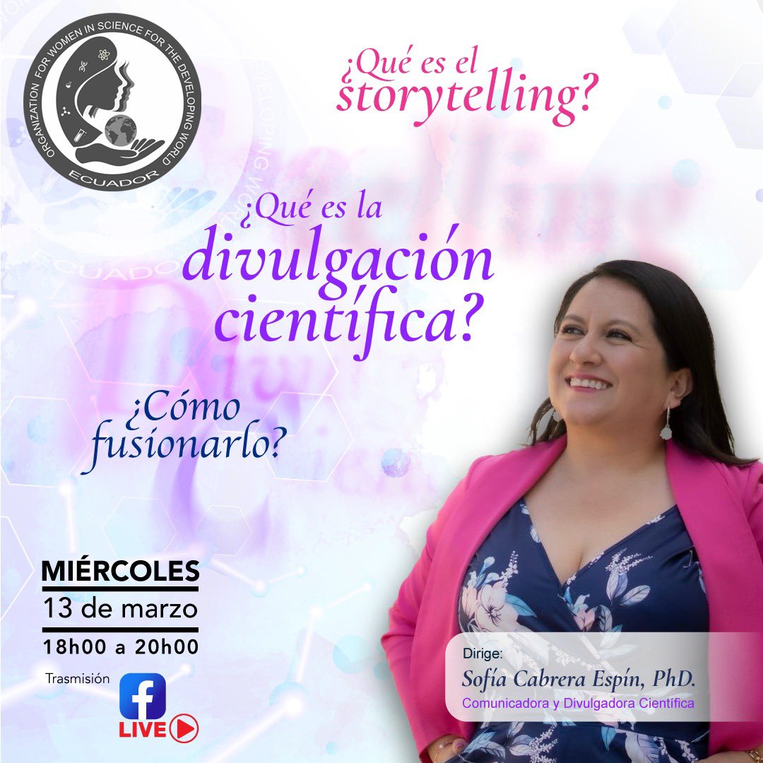 SofiCabreraEs's tweet photo. 🔝¿Cómo contar tus investigaciones mediante historias atractivas? 😃

Mañana nos vemos en el #Facebooklive de @Ecuador_OWSD 

¡Te esperamos! 👇🏻

@OwsdSecretariat @CientificasEC 

#ComunicaCienciaEc #StoryTelling https://t.co/Ct2V2vuxLQ