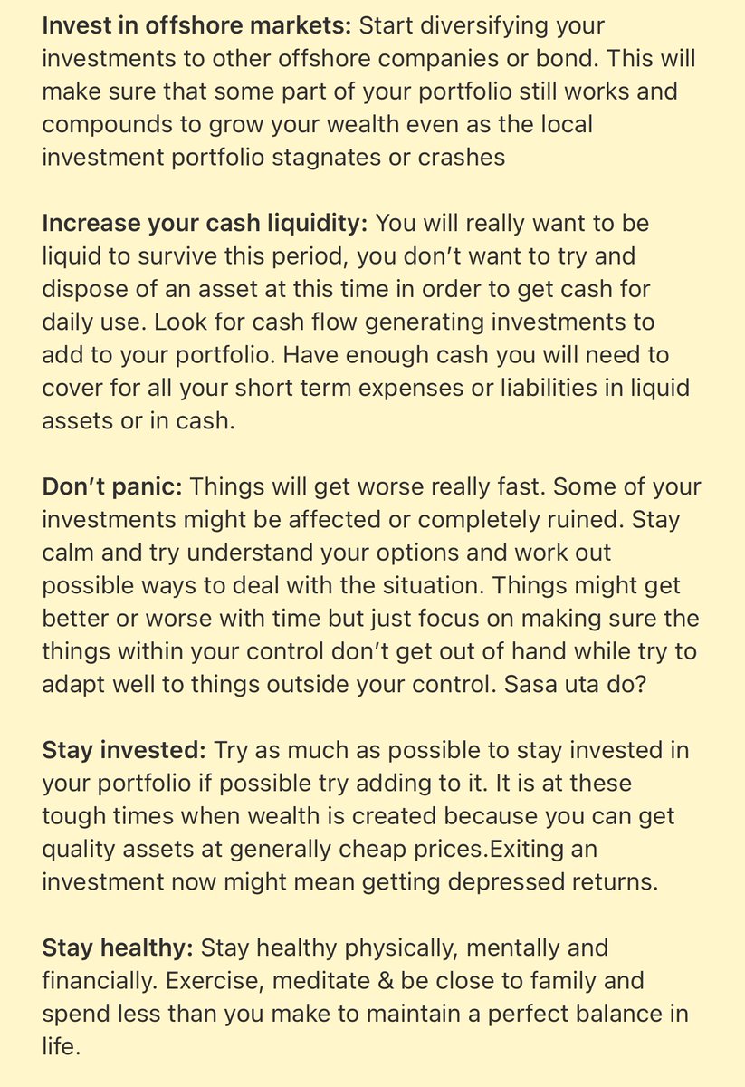 mtucreativity's tweet photo. “How does one prepare for tough economic times or uncertainty”

1. Fund Emergency Funds (6 months)
2. Invest in quality companies
3. Excel at work to avoid layoffs
4. Network & update CV for alternative income
5. Save in stronger currencies (e.g., USD)
6. Diversify investments offshore
7. Increase cash liquidity
8. Stay calm and avoid panicking
9. Stay invested for long-term wealth
10. Prioritize physical, mental, and financial health