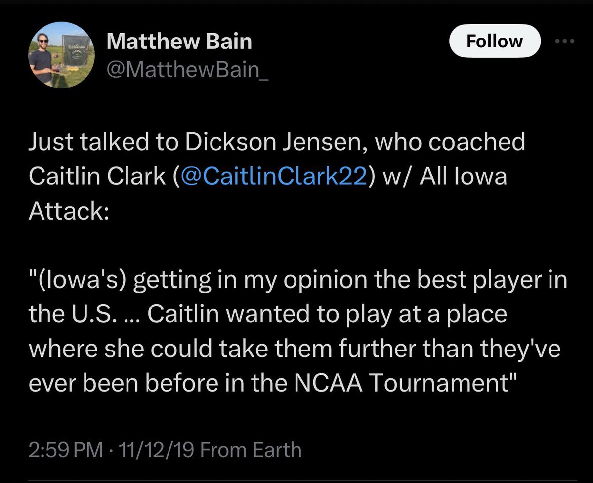 <a href="/AllIowaAttack/">All Iowa Attack Girls</a> <a href="/NikeGirlsEYBL/">Nike Girls EYBL</a> <a href="/papaddj/">Dickson Jensen</a> And lastly, Dickson Jensen absolutely called <a href="/CaitlinClark22/">Caitlin Clark</a>’s college basketball dominance and Iowa’s final four appearance. 

I get chills reading this quote from 2019.