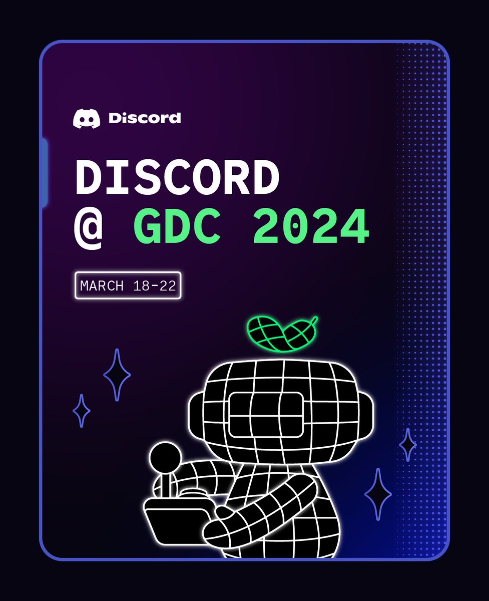 we’re going to #gdc2024 on march 18-22! check out our schedule of cool events, talks, and exciting announcements about the discord developer platform at discord.com/gdc-2024.