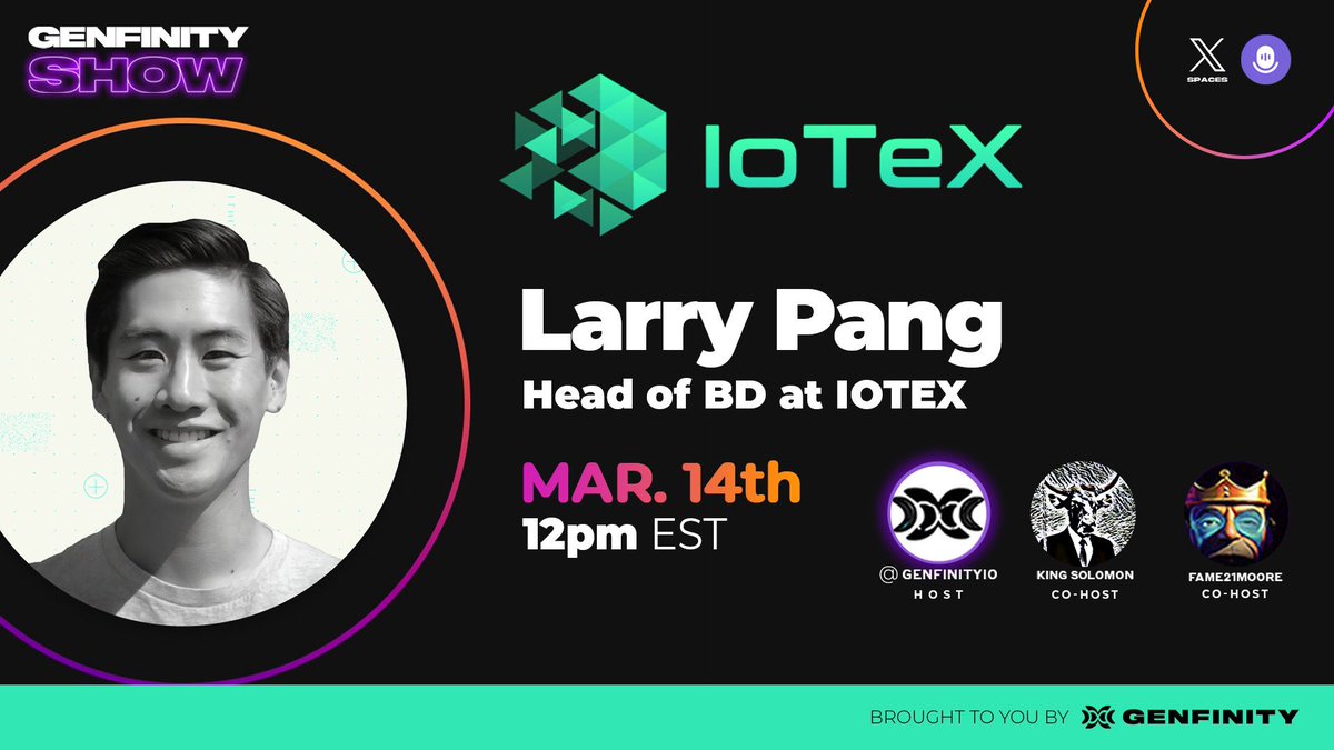 Thursday at 12PM EST💡 Deep Dive into @iotex_io with Head of Business Development Larry Pang💡 Exploring $IOTX, DePIN’s role at the forefront of DLT/IoT & the future of decentralized machine economies⚡️ Save the Date:👇 twitter.com/i/spaces/1gqGv…