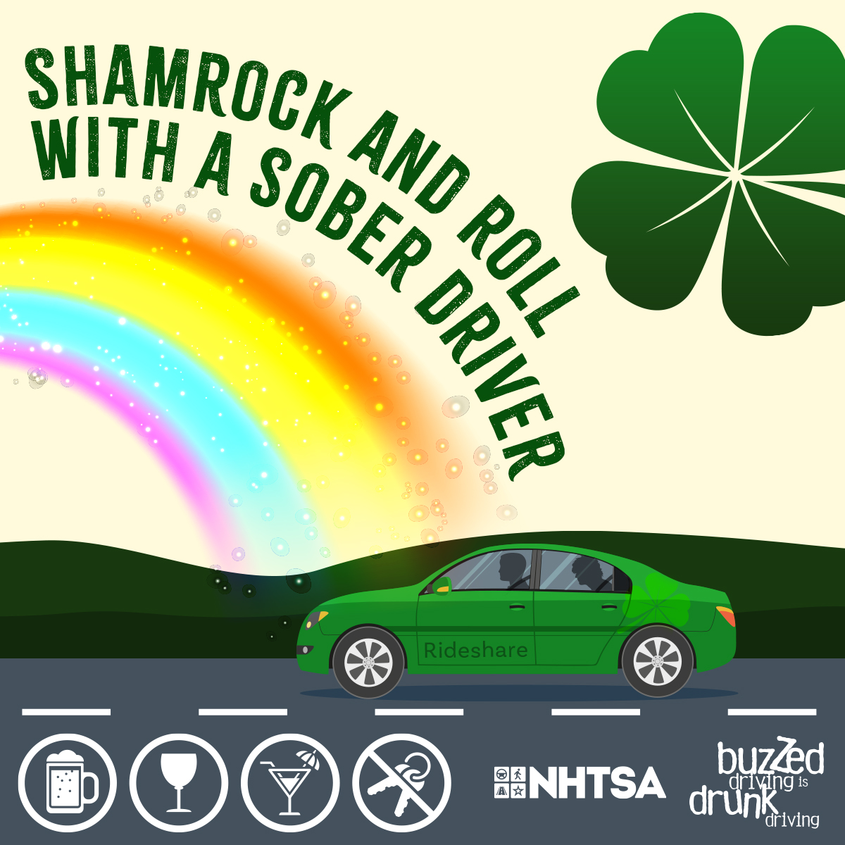 This St. Patrick’s Day, and every day, plan for a sober and safe ride to and from any celebration. 🍀
St. Patrick’s Day ✔ list:
🍀 Coordinate your designated driver.
🍀 Remember to wear green!
🍀 Enjoy a green beverage. 🍺
🍀 #BuzzedDriving Is Drunk Driving.
 <a href="/NHTSAgov/">nhtsagov</a>