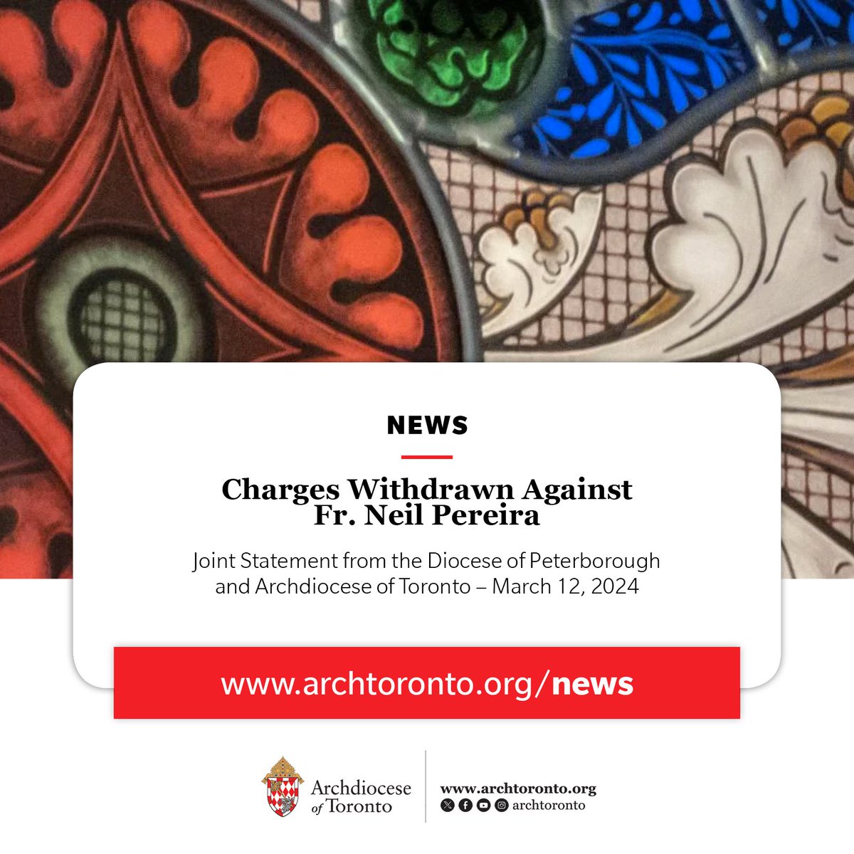 NEWS: Charges Withdrawn Against Fr. Neil Pereira - Joint Statement from the Diocese of Peterborough and Archdiocese of Toronto - March 12, 2024 bit.ly/news-pereira #catholicTO <a href="/DiocesePtbo/">Diocese Peterborough</a>