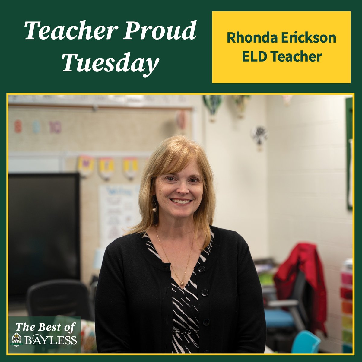 This #TeacherProudTuesday is for ELD Teacher Rhonda Erickson! Ms. Erickson is a dedicated teacher who has developed several procedures for newcomers and their families, which have made the transition into Bayless and the United States easier.

Thank you, Ms. Erickson!