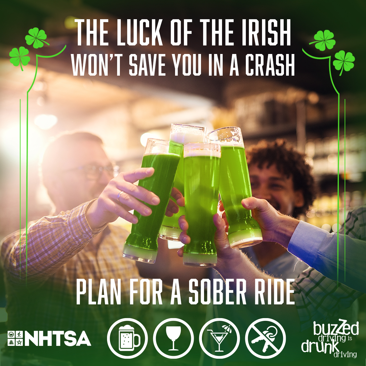 Don’t rely on the “Luck o’ the Irish” 🍀 to get home safely! If you’ve been drinking, call a sober friend, rideshare or taxi to get home safely.

#BuzzedDriving is drunk driving.

Celebrate responsibly. 🍀

#stpatricksday <a href="/NHTSAgov/">nhtsagov</a>