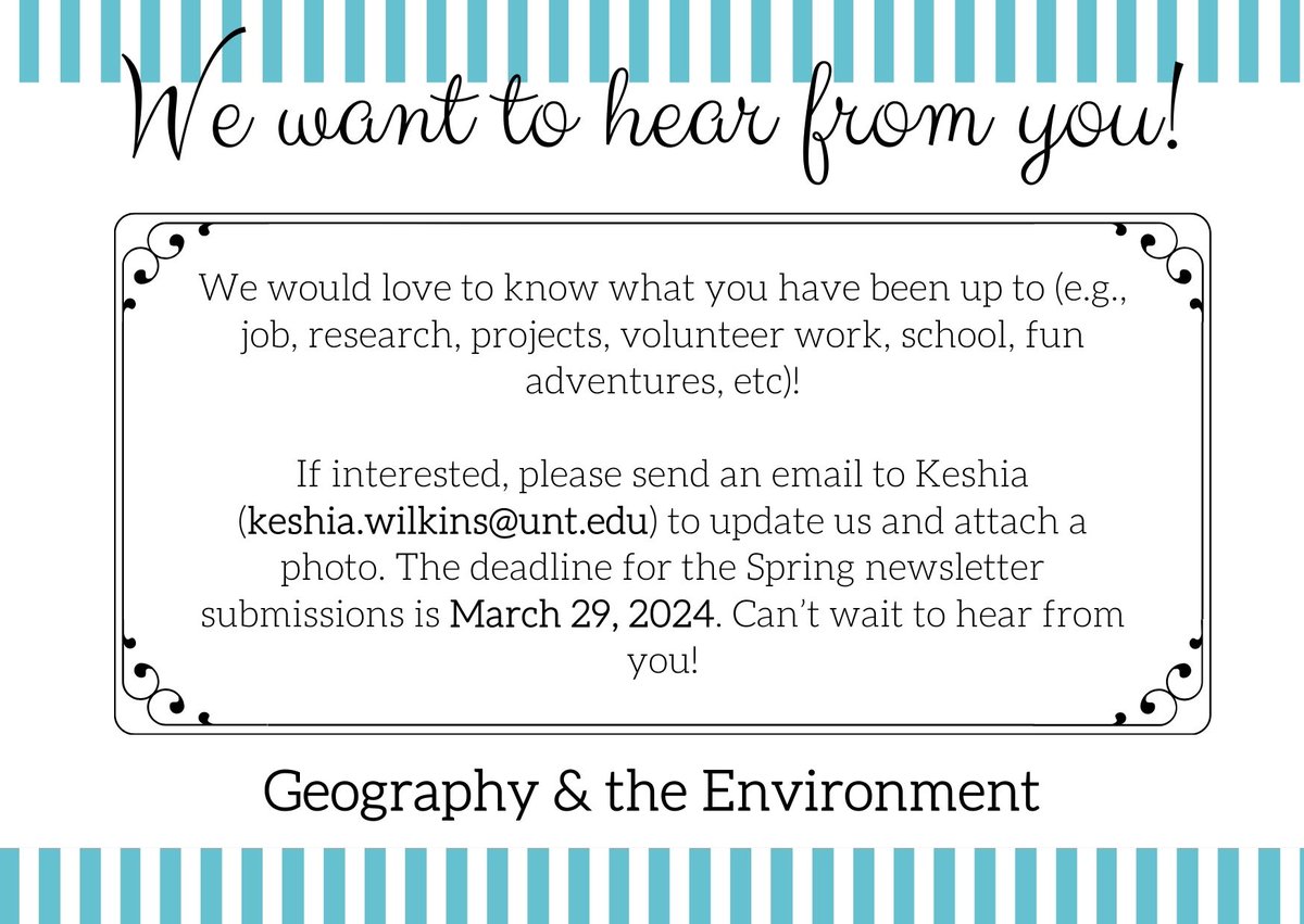 untgeography's tweet photo. Calling all alumni! We would love to know what you've been up to since graduating! If you're interested in being featured in our spring newsletter, please email Keshia a photo and 150 words or less by March 29. We can't wait to hear from you! https://t.co/ct1geeFcRq