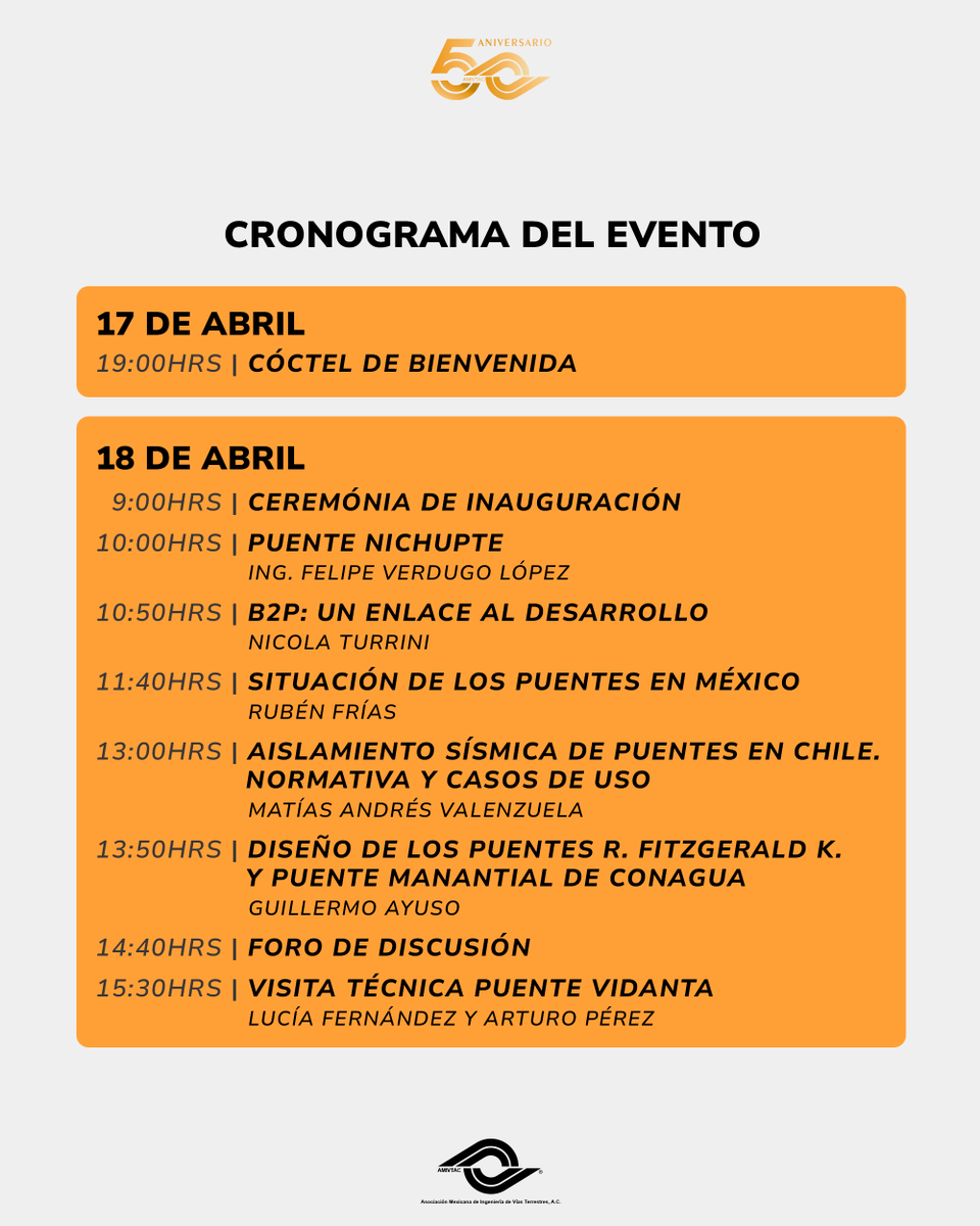 AMIVTACmx's tweet photo. ¡Descubre las últimas tendencias en PUENTES!
📅 Del 17 al 19 de abril

Conoce el programa del VIII Seminario Internacional de #Puentes: Enlace al desarrollo.
Inscríbete en:
📲  https://t.co/6jjr369nCC

#AMIVTAC La comunidad que engrandece las vías terrestres.
#IngenieríaVial https://t.co/pnuZpzEmMz