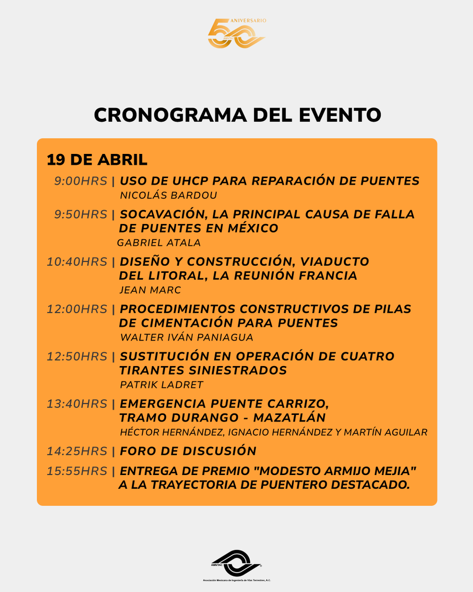 AMIVTACmx's tweet photo. ¡Descubre las últimas tendencias en PUENTES!
📅 Del 17 al 19 de abril

Conoce el programa del VIII Seminario Internacional de #Puentes: Enlace al desarrollo.
Inscríbete en:
📲  https://t.co/6jjr369nCC

#AMIVTAC La comunidad que engrandece las vías terrestres.
#IngenieríaVial https://t.co/pnuZpzEmMz