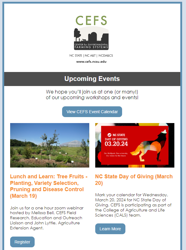 Mark your calendar for upcoming CEFS events! conta.cc/3TgD8Nd If you'd like to join our monthly mailing list to receive news and announcements in your email inbox, please visit: cefs.ncsu.edu/get-involved/l…