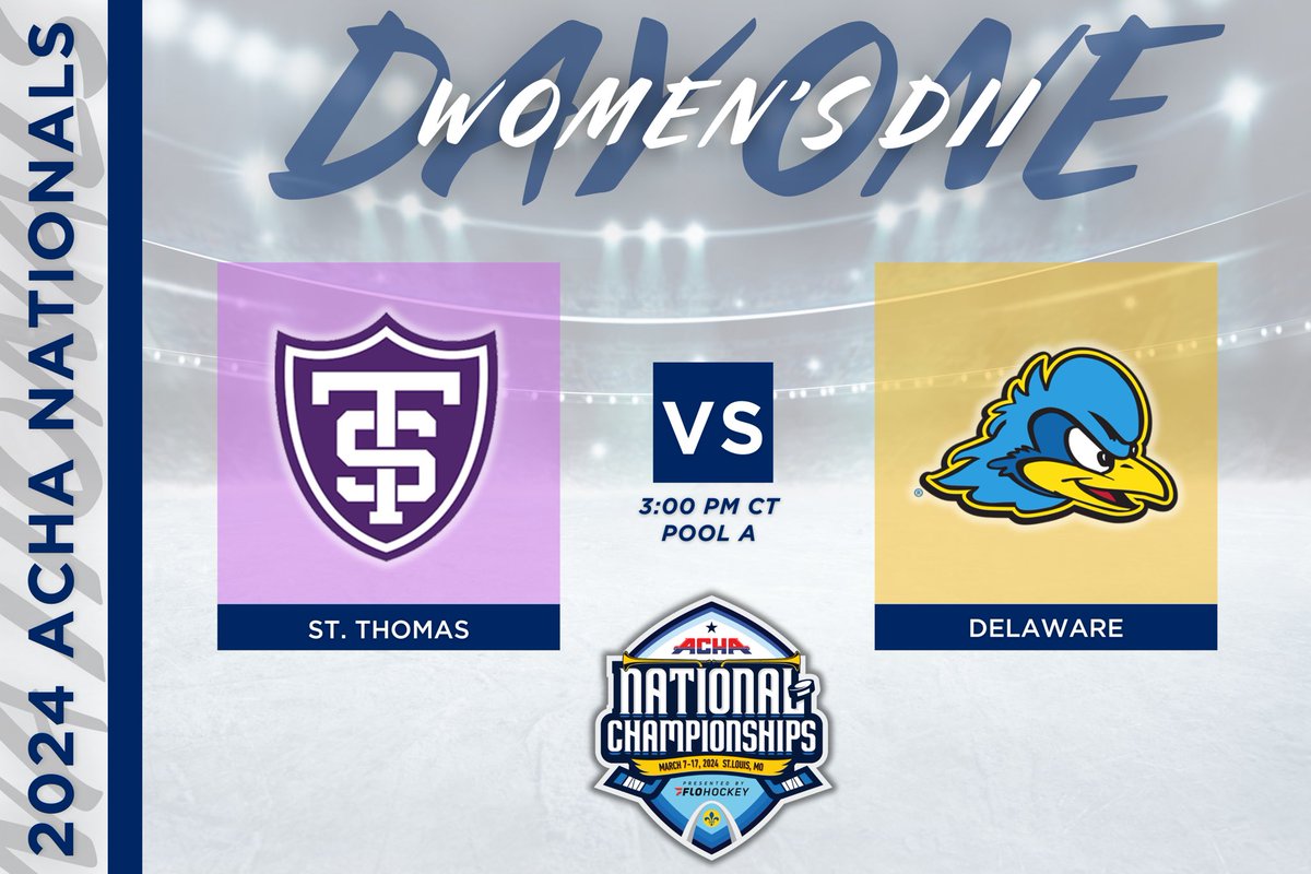 ACHAWomensD2's tweet image. 𝗣𝗢𝗢𝗟 𝗣𝗟𝗔𝗬 𝗚𝗔𝗠𝗘 𝗦𝗧𝗔𝗥𝗧𝗜𝗡𝗚 𝗦𝗢𝗢𝗡
🏒 St. Thomas (away) vs. Delaware (home)
⏰ Time 3:00 PM CT
📍 Rink 1
🎥 flohockey.tv/live/97607?wat… @FloHockey 
#ACHANationals #ACHAW2