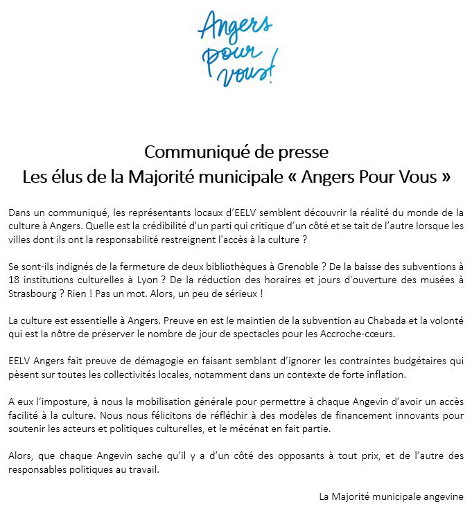 [Communiqué de Presse] 
La Culture est essentielle à #Angers !
#CultureAngers #AngersCM