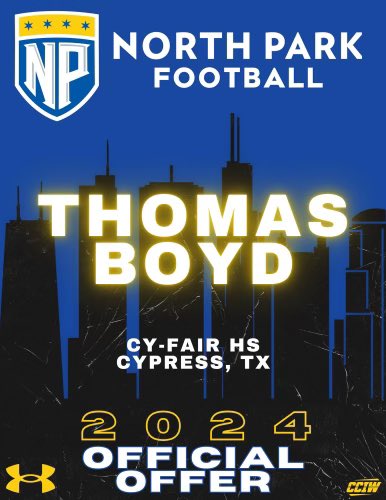 #AGTG After an amazing talk with <a href="/CoachMartin_10/">Clay Martin</a> I am blessed to receive a offer from North park University <a href="/BFND_Football/">Cy-Fair HS Football</a> <a href="/Txhusker3452/">Cody Glenn</a>
@BFND_CoachFish @NPU <a href="/NPUFootball/">North Park Football</a>