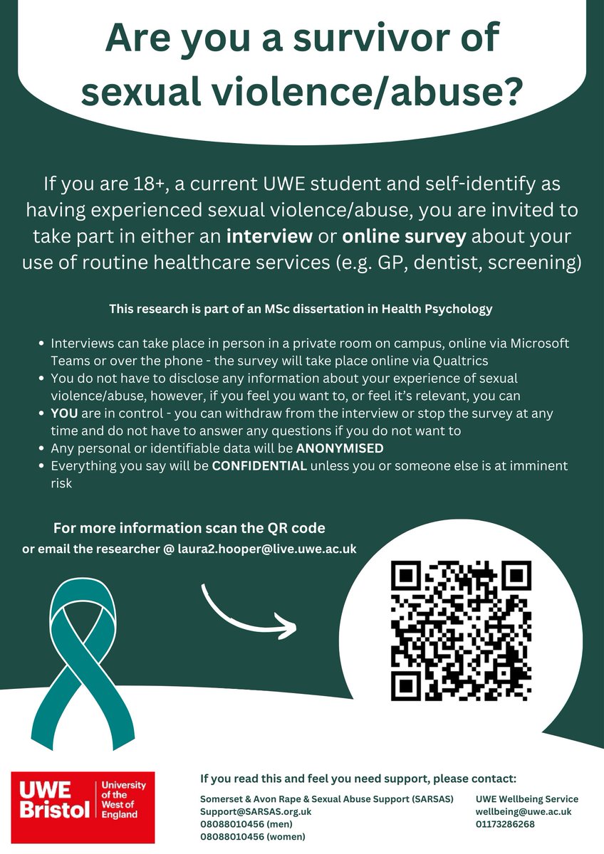 Laura Louise Hooper (@laurahooperr) on Twitter photo If you are eligible, feel free to take part in my Health Psychology MSc project supervised by
<a href="/DrJaneMeyrick/">jane meyrick</a> exploring the barriers survivors of sexual violence/abuse encounter when/if attempting to access routine healthcare
⬇️⬇️⬇️
uwe.eu.qualtrics.com/jfe/form/SV_1N… If you are eligible, feel free to take part in my Health Psychology MSc project supervised by
<a href="/DrJaneMeyrick/">jane meyrick</a> exploring the barriers survivors of sexual violence/abuse encounter when/if attempting to access routine healthcare
⬇️⬇️⬇️
uwe.eu.qualtrics.com/jfe/form/SV_1N…