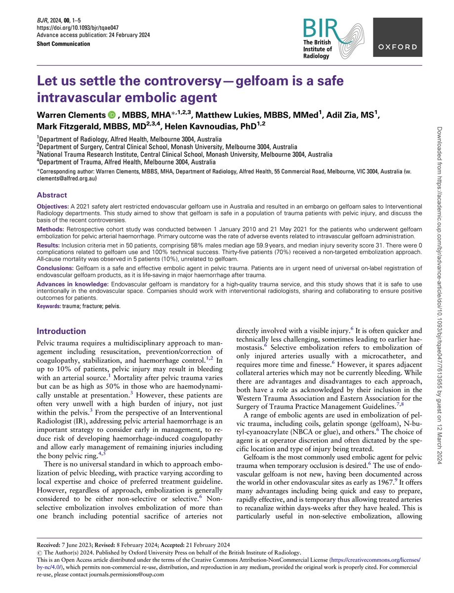 🚨New Article🚨
doi.org/10.1093/bjr/tq…

In 2021, gelfoam was removed from Australian shelves for unspecified safety concerns. 

We discuss the vital role gelfoam plays in modern #trauma IR, and why it is urgently needed on label.

<a href="/cirsesociety/">CIRSE</a> <a href="/BJR_Radiology/">BJR Journals</a> <a href="/IRSA_IRs/">IRSA</a> #irad