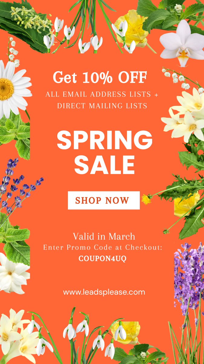 leadsplease's tweet photo. Happy Spring! Get 10% Off all Direct Mailing Lists and Email Lists in March. Enter Promotional Code COUPON4UQ at Checkout. #mailinglist #mailing #emailmarketing #emailmarketingtips
https://t.co/JBiAtAA0dZ https://t.co/o525QRym2c