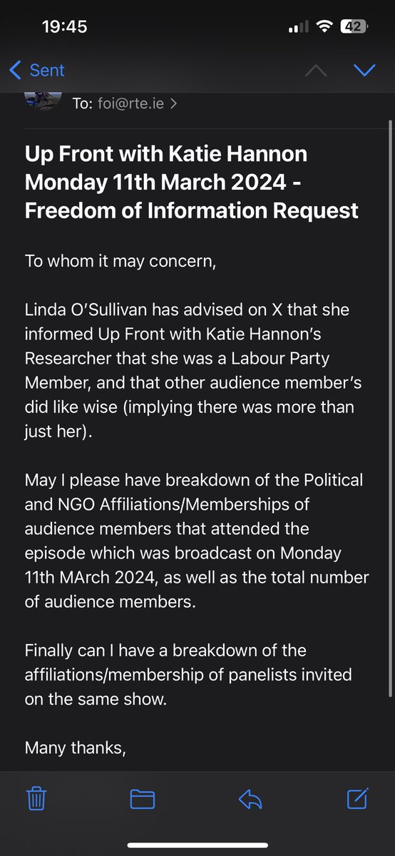 Based on this kind reply from Linda, I have submitted the following Freedom of Information Request to @RTEOne related to the affiliations of audience members and panelist’s on last night’s show:

#RTEBias #Referendum2024 #VoteNoNo
