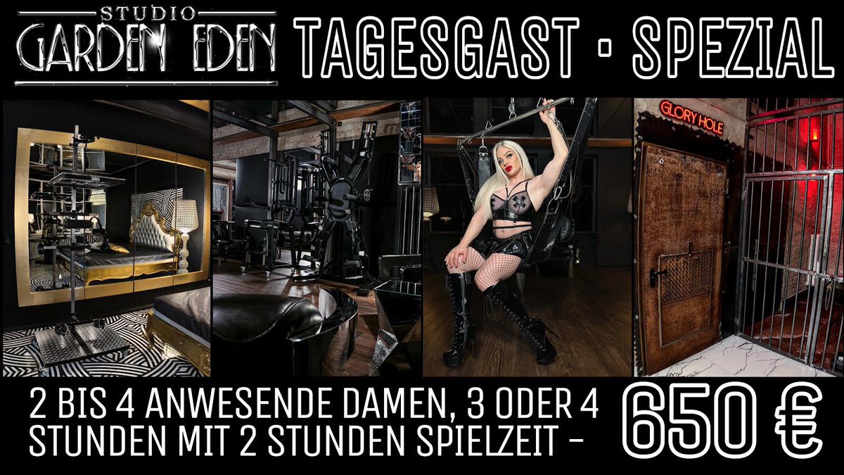 Das legendäre bekannte Spezial Tagesgast ist wieder zurück.
2-4 der anwesenden Damen spielen abwechselnd mit dir 3 oder 4 Stunden lang. Davon sind 2 reine Stunden Spielzeit.
Erlebe diesen Wahnsinn ab sofort im Studio Garden Eden.
Bald folgt ein Anmelde Session Formular dafür ❤️