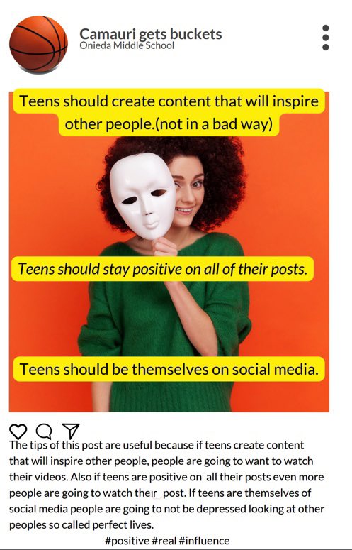 Watch for posts featuring the work of Victoria Abdulla's 7th grade ELA students at Oneida.  They are studying a unit on risks &amp; rewards of social media &amp; their culminating task is to create a social media campaign to advocate for teens to make better choices online.