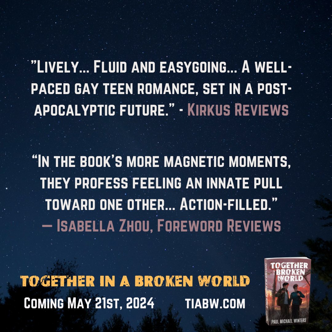 Advanced reviews are coming in! If you like action-packed stories with magnetic gay romance, you’ll love Together in a Broken World!

Pre-orders are now available at major booksellers, or visit tiabw.com.
 #lgbtq #lgbtqbooks #lgbtqromance #mlm  #postapocalyptic